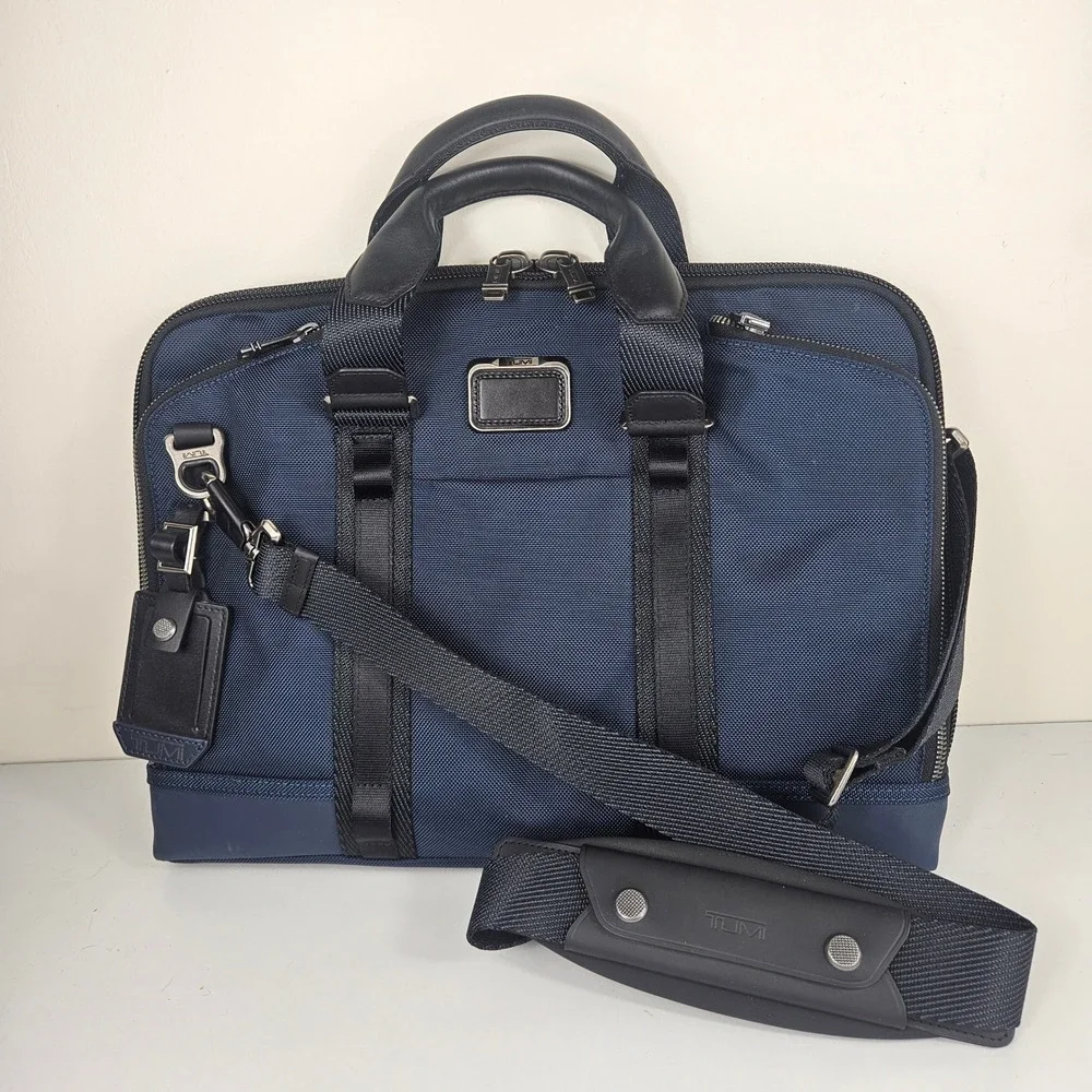 Tumi Alpha Bravo Academy Slim Briefcase Navy Blue Ballistic Nylon 11.75x15.5x2